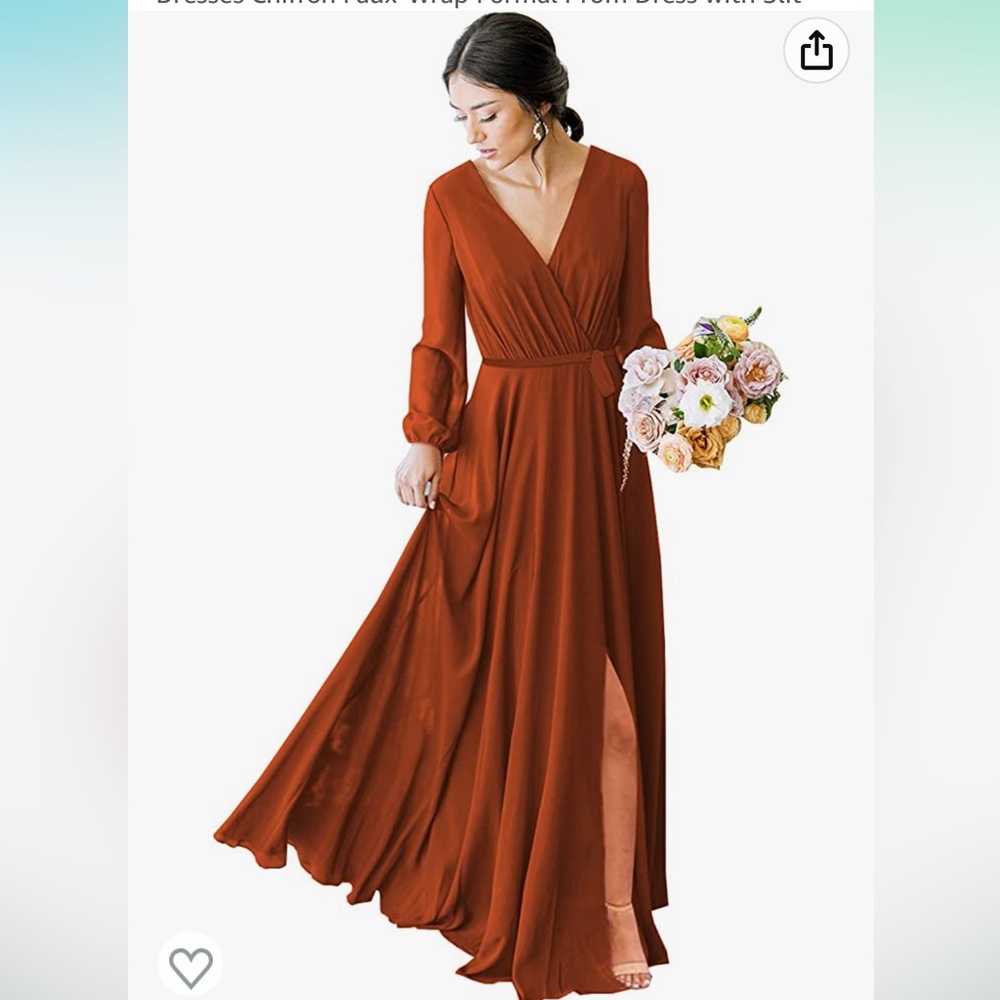 Rust Long Sleeve Bridesmaid Dresses Chiffon Faux-Wrap Formal Dress